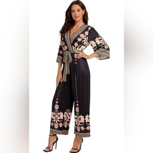 Women's Boho Floral High Waist Belted Stretch Wrap Wide Leg Jumpsuit Culotte.